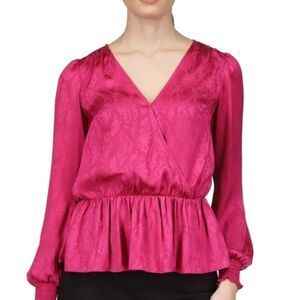 Michael Kors Women's Jacquard-Print Faux-Wrap Top Blouse Deep Pink Fuchsia XL